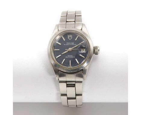 A ladies' stainless steel Tudor 'Princess Oysterdate' automatic bracelet watch, c.1976,with a 25mm case. A blue dial, raised 