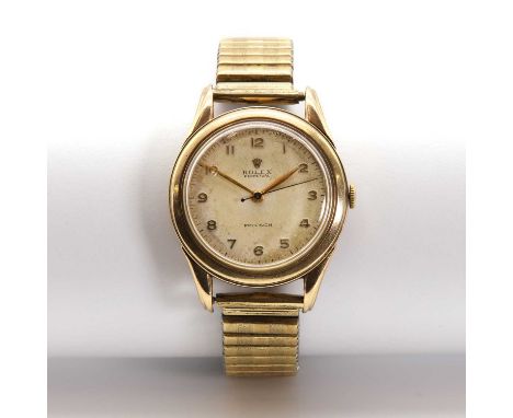 A gentlemen's 9ct gold Rolex 'Perpetual Precision' automatic bracelet watch, c.1954, 34mm diameter, with applied gilt Arabic 