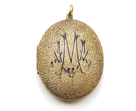 A late Victorian gold oval hinged locket,with a blue champlevé enamel monogram A A M to the front cover, to a textured ground