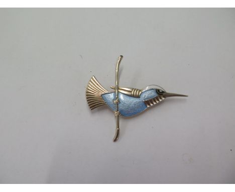 A 925 sterling silver and enamel ELA Denmark kingfisher on a branch brooch 5cm long - in good condition 