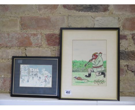 A John R Douglas winter sketch dated 83 - frame size 20cm x 24cm and a humorous cartoon watercolour 