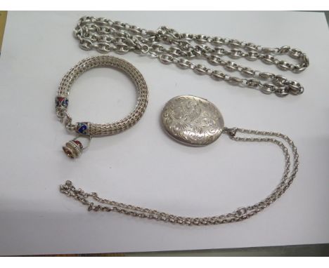 A silver locket on chain, a silver 90cm necklace and a white metal and enamel bracelet - total weight approx 158 grams 
