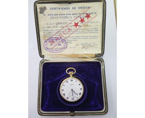 A Longines 18ct yellow gold pocket watch - Longines, three star, fully jewelled lever movement, cut balance with over coil, w