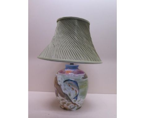 A Minton salmon decorated table lamp signed B Cheadle - in good condition, will need rewiring - Height 42cm including the sha