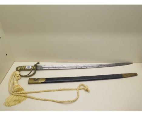 A military sword with brass hilt and grip - Total length 81cm with leather and brass scabbard - reasonably good condition 