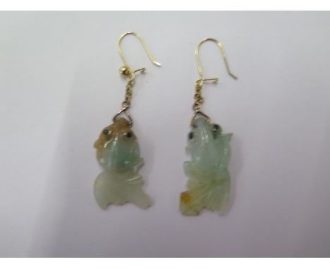 A pair of Jade fish earrings on gilt metal hooks (missing a ball) 5.5cm 