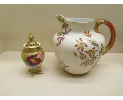 A Royal Worcester foliate decorated jug - Height 18cm - some wear to gilt otherwise good and a Royal Worcester pot pourri lid