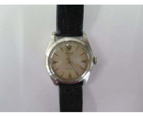 A Rolex stainless steel Oyster precision manual wind gents wristwatch on a leather strap model 6082 no 810801 - 34mm case - i