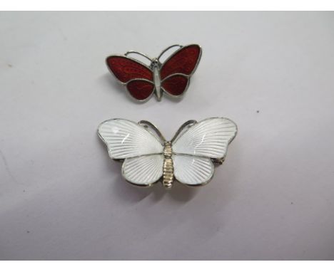 Two sterling silver and enamel Norway butterfly brooches - 3cm and 2cm wide - both good 
