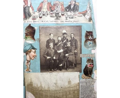 Victorian scraps: architectural/topographical, religious, portraits, cartoon/humour (many from Illustrated London News and Gr