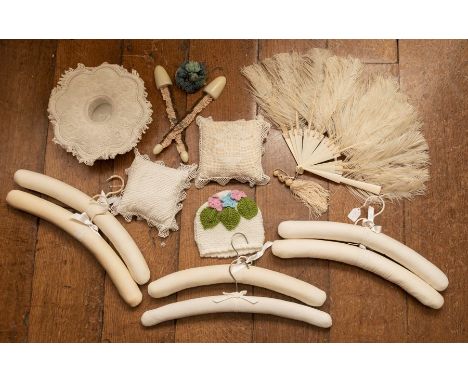 A Edwardian ostrich fan, sticks are missing with large tassels. Two small cotton cushion covered in 1920s lace (made using vi