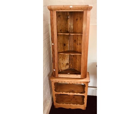 A 20th Century pine wall hanging corner shelf, 92 cm tall and another similar display shelf, 61 cm tall. (2)Condition: In goo