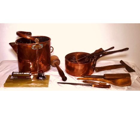 A set of late Victorian copper saucepans; similar bucket; other tools. (Q)