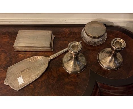 A Five piece sterling silver dressing table set, hallmarked for Birmingham 1970-72, a powder pot, a small jewellery box and a