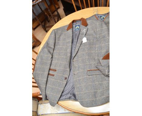 A Mark Darcy (London) country wear jacket, with velvet collar, piping, elbow patches; a matching waistcoat together with a bl