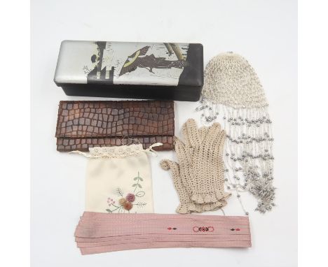 Oriental papier mache glove box containing vintage clutch bag, gloves and a 1920s beaded flapper headpiece, plus other items.
