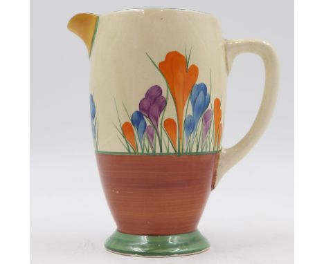 Clarice Cliff milk jug, in the Crocus pattern, H: 18cm. UK P&amp;P Group 2 (£20+VAT for the first lot and £4+VAT for subseque