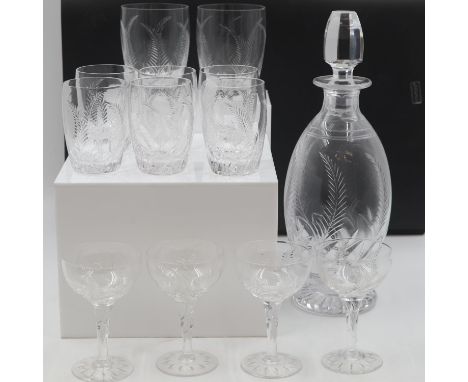 Stuart Crystal suite of glass in the Ellesmere cut, including a decanter and eight tumblers. Not available for in-house P&amp