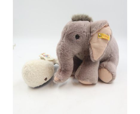 Steiff elephant, L: 34 cm, and a Steiff whale. UK P&amp;P Group 2 (£20+VAT for the first lot and £4+VAT for subsequent lots)