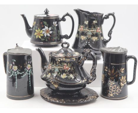 Collection of six Jackfield Ware items including a teapot and stand. Not available for in-house P&amp;P 