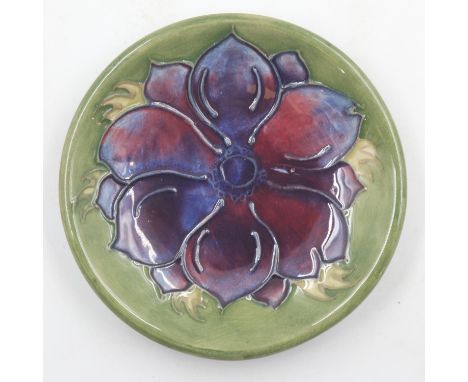 Moorcroft green ground Pansy pattern pin plate. UK P&amp;P Group 1 (£16+VAT for the first lot and £2+VAT for subsequent lots)