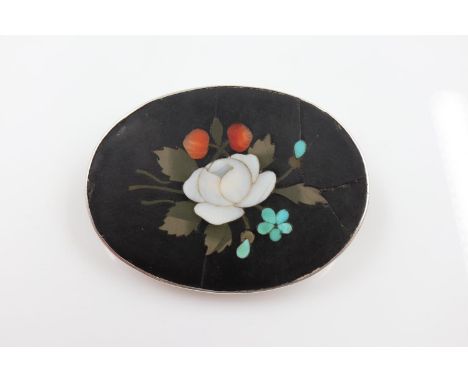 Victorian oval pietra-dura brooch in an unmarked silver mount, 40 x 30mm, cracked but complete. UK P&amp;P Group 1 (£16+VAT f