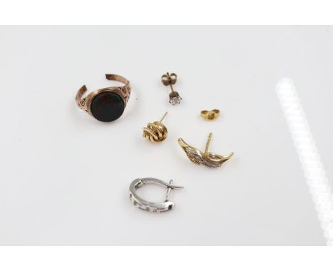 Single 18ct gold earring, 1.7g, and other 9ct gold scrap including a single diamond stud earring, 5.5g total. UK P&amp;P Grou