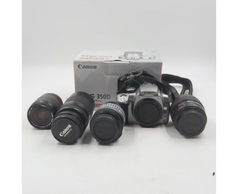 Canon EOS 350D DSLR camera body, boxed with accessories, (no battery charger), with four Canon Ultrasonic lenses. UK P&amp;P 
