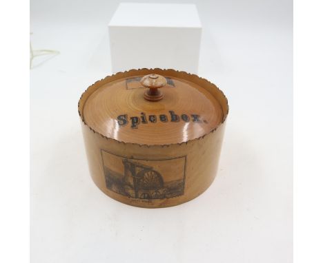 Mauchline circular spice box containing 8 named containers. Diameter 18cm. UK P&amp;P Group 2 (£20+VAT for the first lot and 