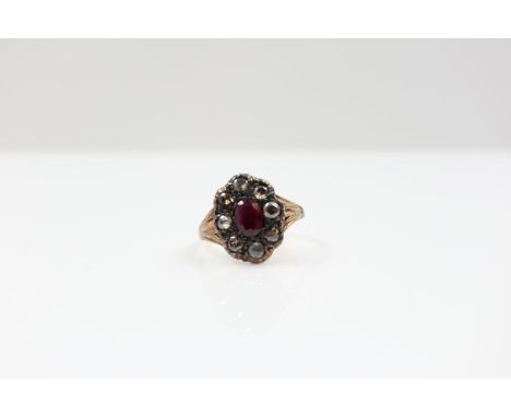 Unmarked gold, ruby and rose cut diamond ring, size K/L, 2.7g. UK P&amp;P Group 0 (£6+VAT for the first lot and £1+VAT for su