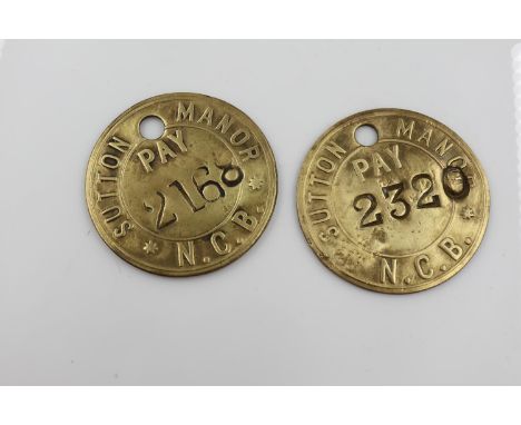 Two Sutton Manor miners tokens. UK P&amp;P Group 2 (£20+VAT for the first lot and £4+VAT for subsequent lots) 
