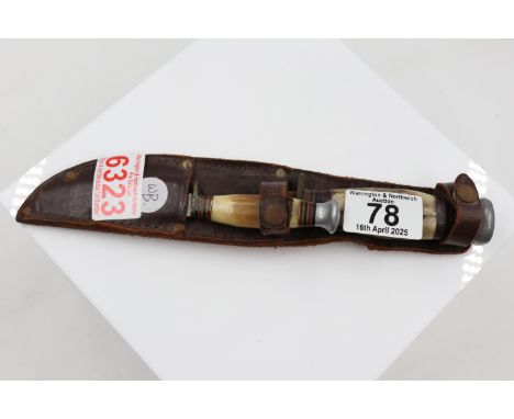 Two hunting knives with bone handles in leather sheath, L: 25 cm. UK P&amp;P Group 2 (£20+VAT for the first lot and £4+VAT fo