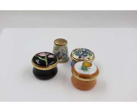 Three enamelled patch boxes by Halcyon Days, and enamelled thimble UK P&amp;P Group 1 (£16+VAT for the first lot and £2+VAT f