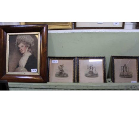 A TRIO OF CRIES OF LONDON STYLE PRINTS in hogarth frames, together with a rosewood framed portrait print of a lady of fashion