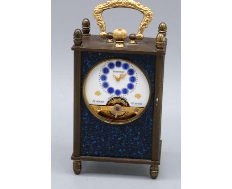 Hebdomas, 8 day brass and faux marble miniature carriage clock timepiece, signed white enamel Arabic dial, visible escapement
