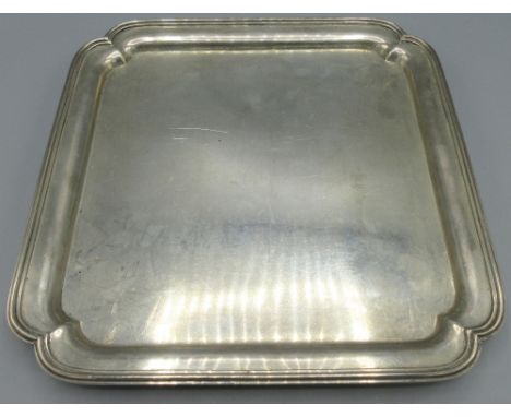 George V silver square salver with raised Chippendale style border, by Edward Barnard &amp; Sons Ltd, London, 1930, 26.1ozt