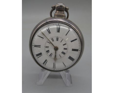 William IV  Victoria silver pair case pocket watch, white enamel dial with concentric Roman chapter rings, Birmingham 1838, u