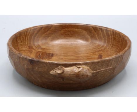 Robert Mouseman Thompson of Kilburn - adzed oak circular bowl, carved with signature mouse, Diameter 16cm