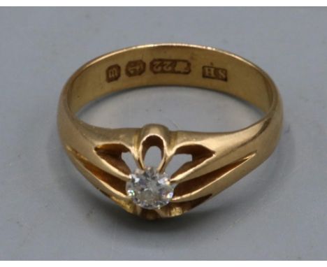 Victorian 22ct yellow gold diamond solitaire ring, the single brilliant cut diamond in belcher setting on plain band, stamped