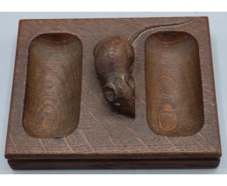 Robert Mouseman Thompson of Kilburn - an oak rectangular double pin tray, carved with signature mouse, 12.5cm x 10cm