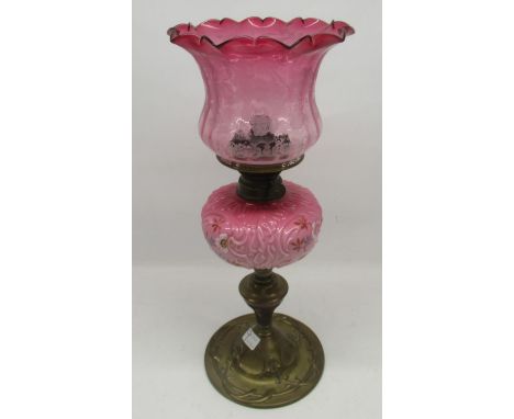 Victorian oil lamp, with opaline pink reservoir, cranberry glass shade and clear chimney, on moulded brass baluster base, H64