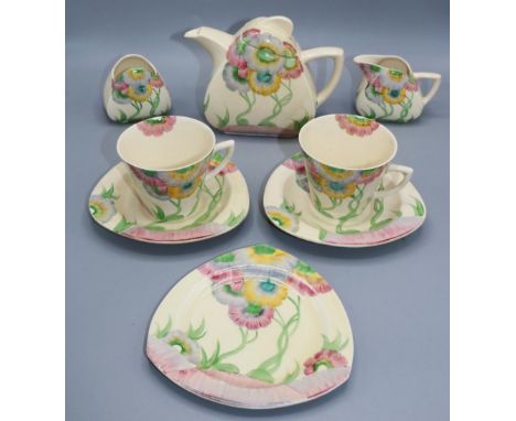 Clarice Cliff - Pink Pearls pattern - Trieste shape - teapot, milk, sugar, two cups and saucers, and a plate, hand painted wi