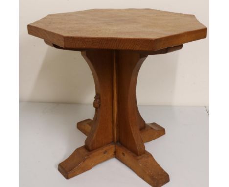 Robert Mouseman Thompson of Kilburn - an oak octagonal coffee table, adzed top on cruciform column support, W50cm H48cm