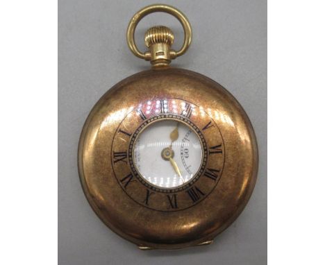 H. Samuel Manchester, 'Everite' 9ct gold half hunter keyless pocket watch, signed white enamel Arabic dial, subsidiary second