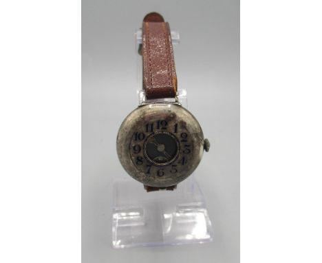 Swiss WWI period silver half hunter trench wristwatch, blue enamel Arabic chapter ring, stepped black enamel Arabic dial, sub