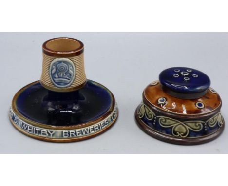 Doulton Lambeth match-holder inscribed 'The Scarborough and Whitby Breweries Limited', H9cm; and a similar Royal Doulton inkw