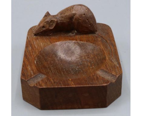 Robert Mouseman Thompson of Kilburn - an oak canted rectangular ashtray, carved with signature mouse W10cm D7.5cm