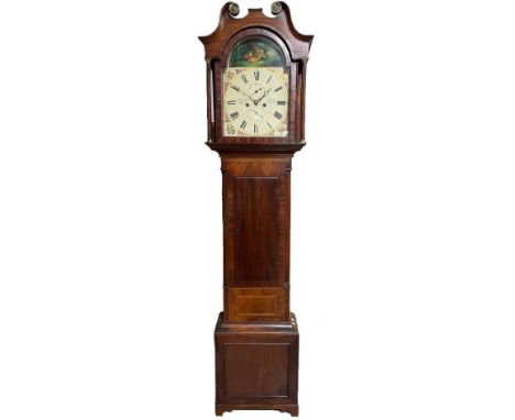 Jon. (John) Bryson, Dalkeith, early 19th Century flame mahogany 8 day longcase clock, signed 13" painted break arch Roman dia