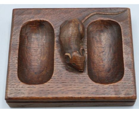 Robert Mouseman Thompson of Kilburn - an oak rectangular double pin tray, carved with signature mouse, 12.5cm x 10cm
