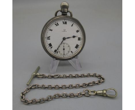 Omega silver keyless pocket watch, signed white enamel Roman dial, subsidiary seconds, Dennison Watch Case Co., hinged bezel,